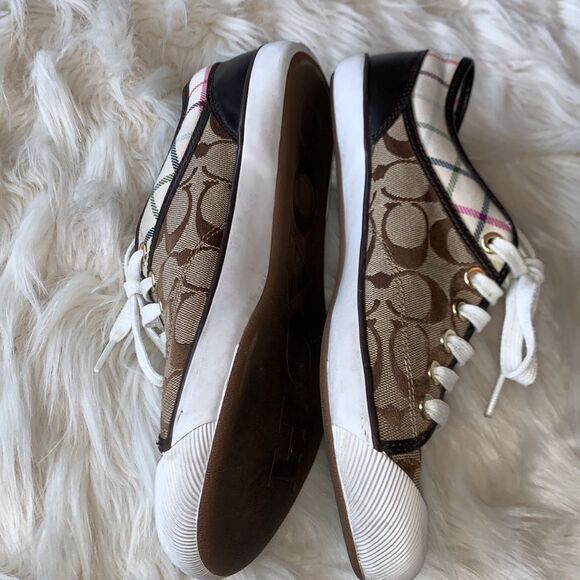 Coach Poppy Zorra Khaki Brown Signature Multicolor Tattersall Sneakers Size 8.5 - Picture 4 of 6